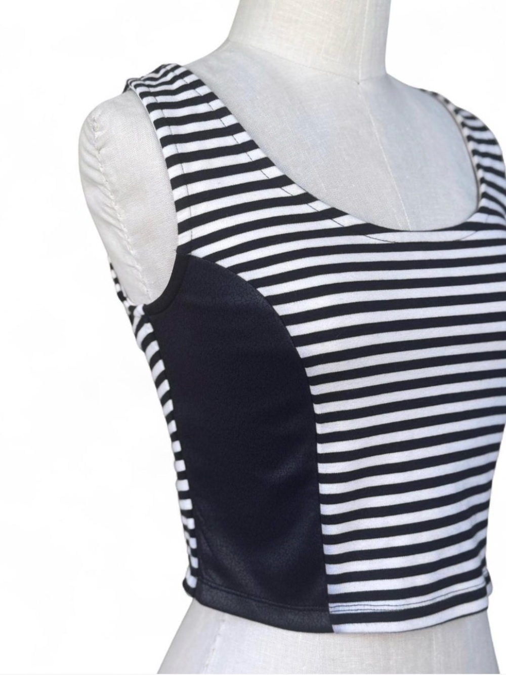 Jessica Simpson Black and White striped crop Top vegan leather and mesh panels